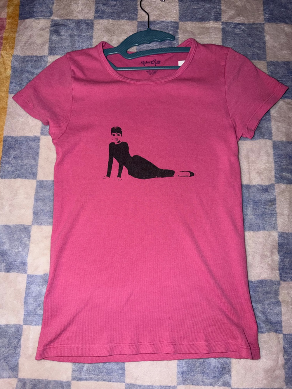 Brandy Melville Aubrey Hepburn Pink Tee with Black Graphic Silhouette